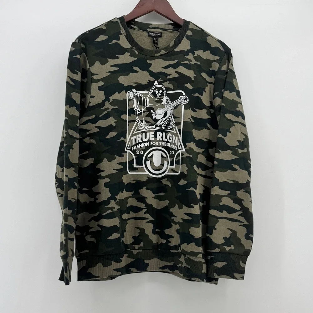 True Religion Mens Buddha Graphic Camo Crewneck Sweatshirt Green 105972 Size M
